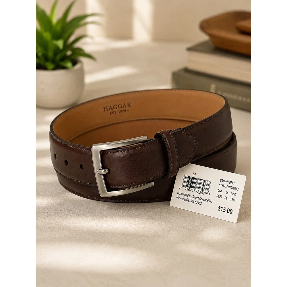 Haggar Men's Brown Belt Size M Silver Buckle NWT Classic Dress Business Casual